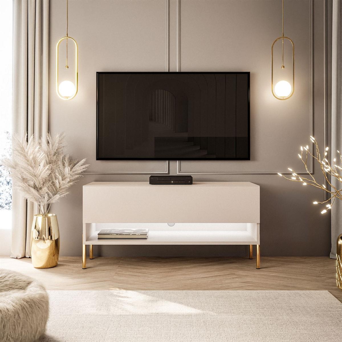 LOWBOARD TV-Schrank CALANTE 90 cm auf geraden goldenen Chrom-Beinen - Kaschmir/Goldfarben, Holzwerkstoff/Metall (90/44/35cm) - Lookway