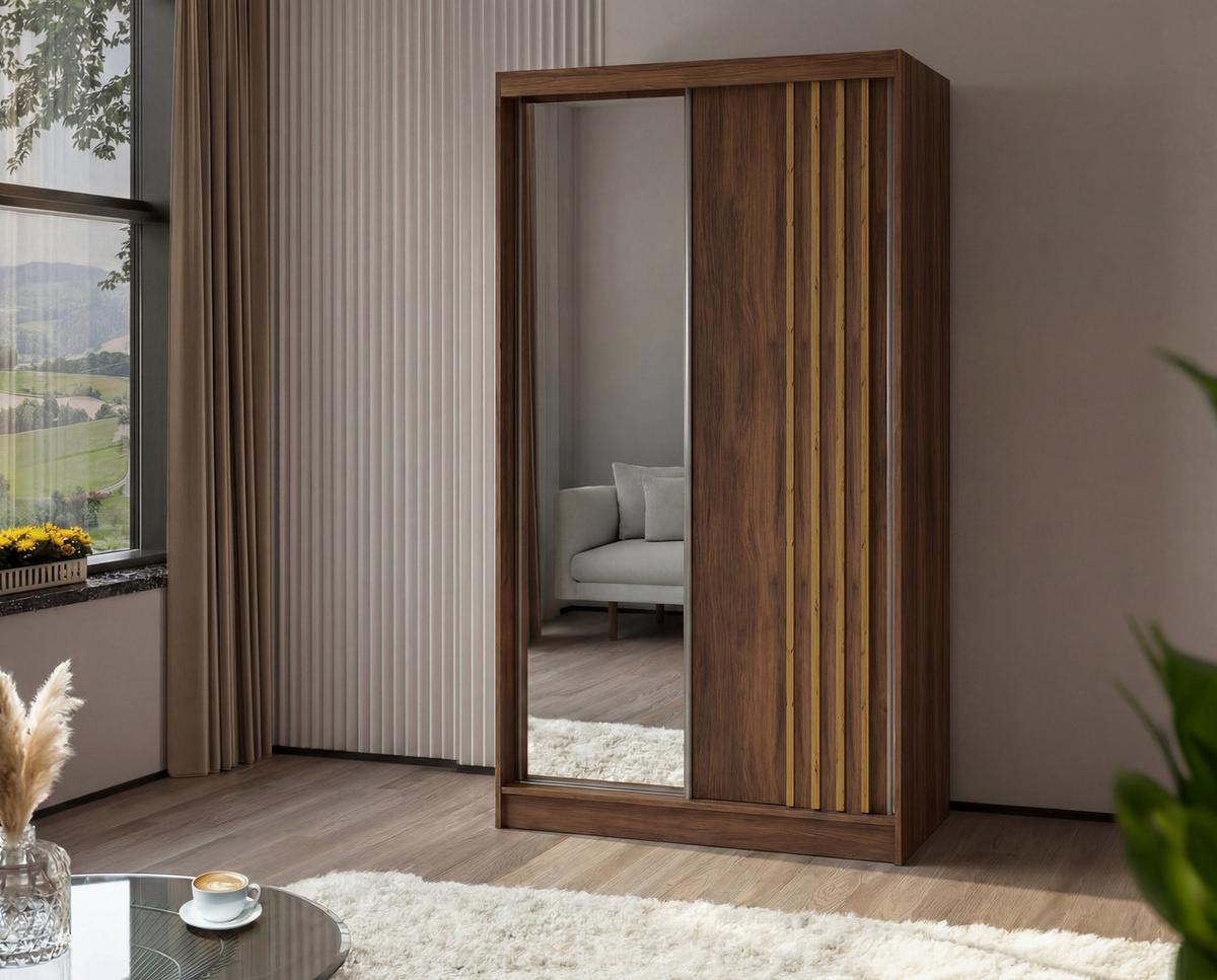 SCHWEBETÜRENSCHRANK NELVIA 120/216/61 cm Modern Kleiderschrank 2-türig mit Spiegel Nussbaumfarben - Nussbaumfarben, Holzwerkstoff (120/216/61cm) - MASSENO