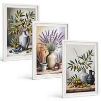 BILDER SET 3er Set - 40x60 cm Weißer Rahmen - Olivenblüten in Vasen im Hintergrund - Weiß, Kunststoff (40/60cm) - TULUP