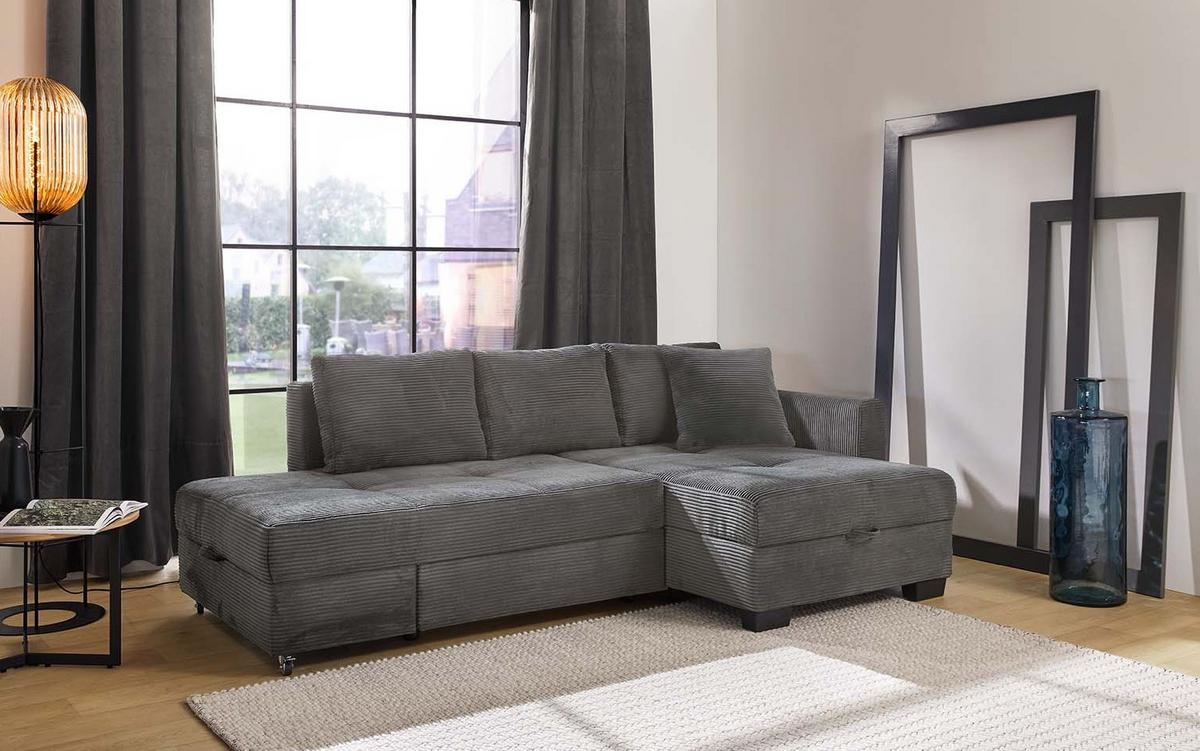 ECKSOFA Doppelbett mit Bettkasten, seitenverkehrt montierbar B247/T155/H87 cm, Liegefläche 183x207 cm, Cord Dunkelgrau / 15214 - Dunkelgrau/Schwarz, Kunststoff/Textil (247/155cm) - luma-home