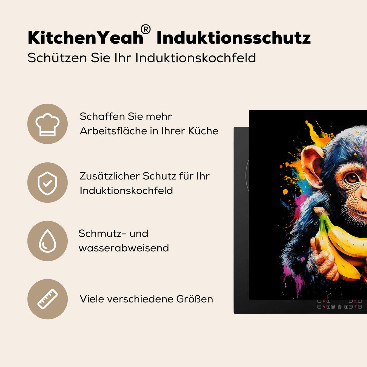 HERDABDECKPLATTE Affe - Graffiti - Farbenfroh - Bananen - Modern Herdabdeckung Induktionsfeld 65x52 cm - Gelb, Kunststoff (65/52/0.2cm) - MuchoWow