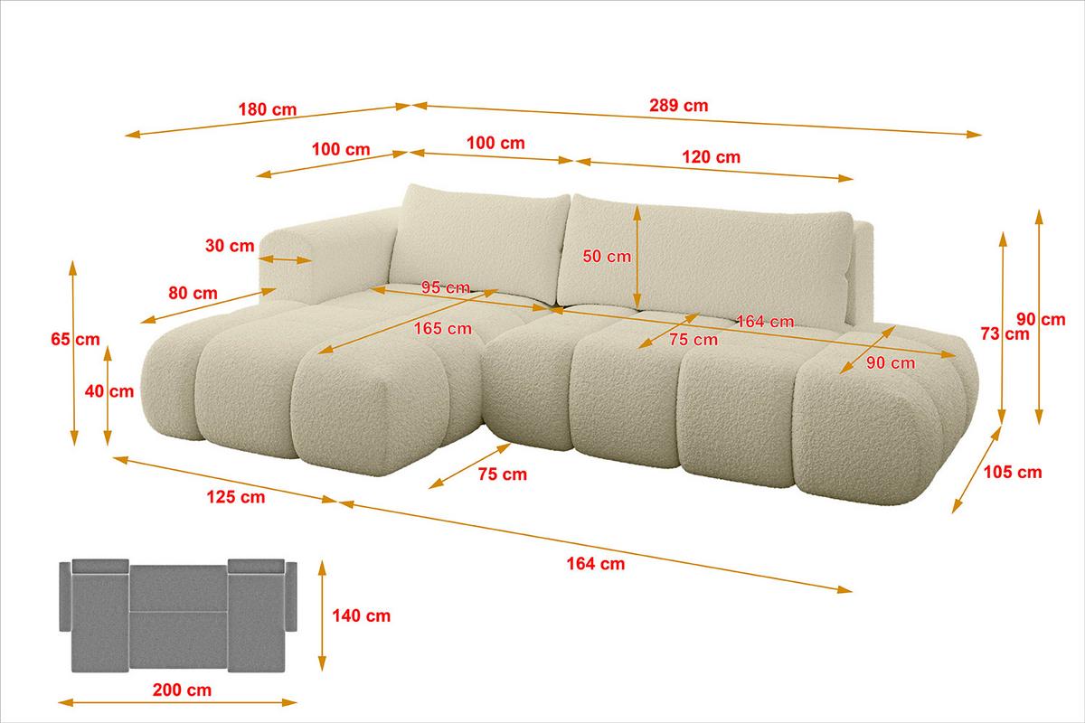 ECKSOFA Ottomane Links CLOUD-L 280x185x90 Beige Bouclé - Beige, Holzwerkstoff/Kunststoff (280/185cm) - ALTDECOR