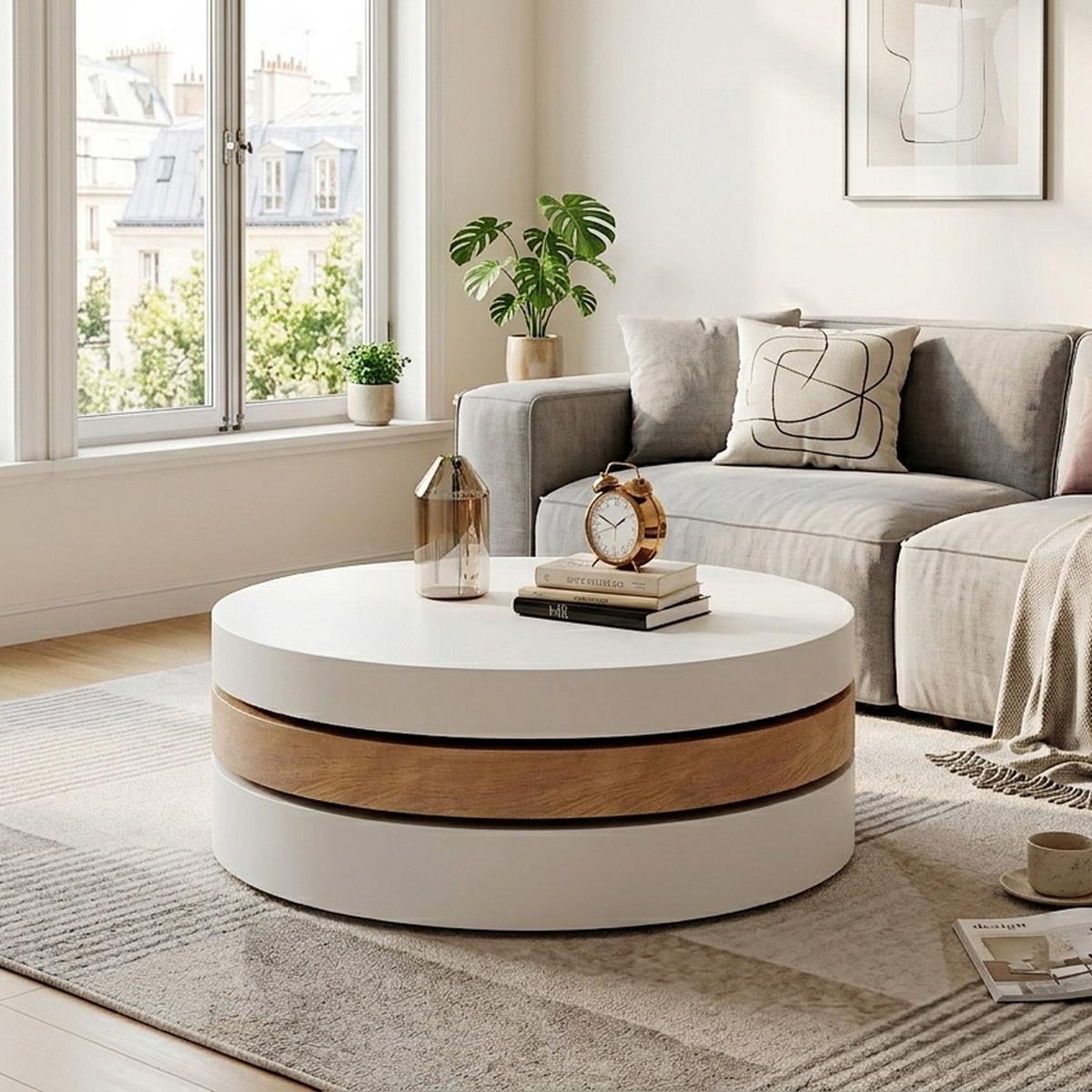 COUCHTISCH Zylindrisch Weiß & Natur 360° Drehbar mit Stauraum - Naturfarben, Holzwerkstoff (60/60/35.1cm) - Urban Meuble