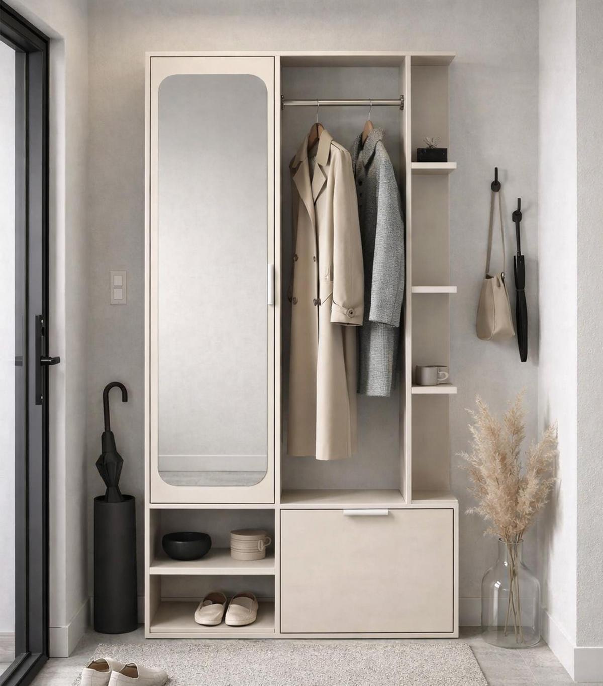 GARDEROBENSCHRANK Nemrut Beige 100/189/33 cm – Modern, mit Spiegel und viel Stauraum - Beige, Holzwerkstoff/Kunststoff (100/189.4/33cm) - AX Living