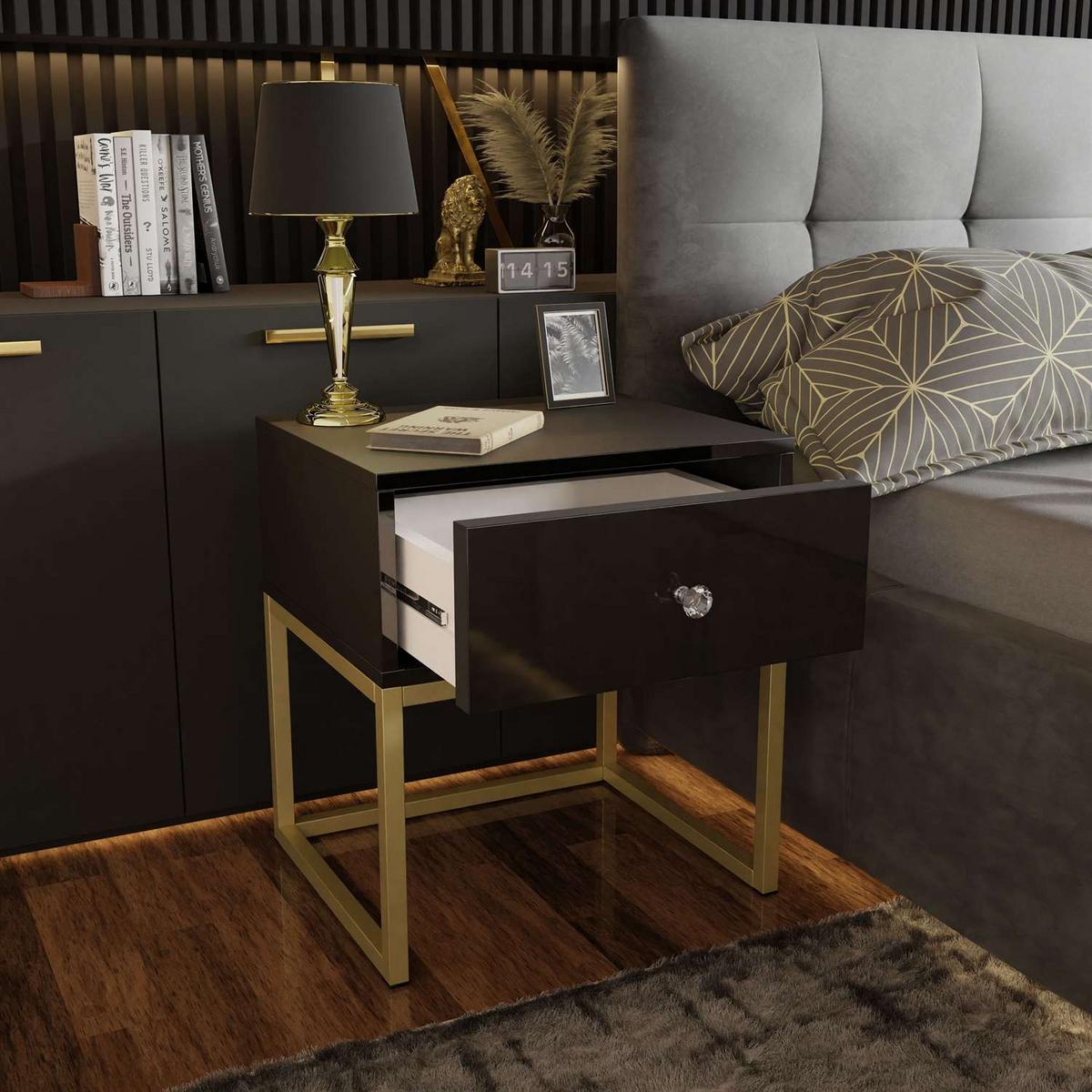 NACHTTISCH BLANCO GOLD auf goldenem Gestell Schwarz Hochglanz Kristallgriff - Schwarz Hochglanz, Holzwerkstoff (45/53/36.6cm) - Lookway