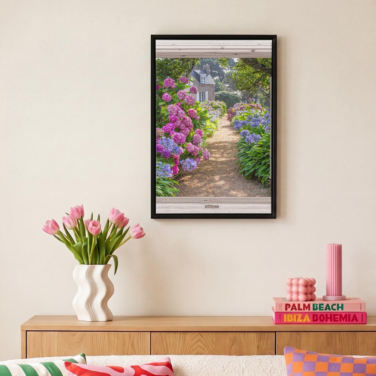 LEINWAND Bilder mit Rahmen - Hortensie - Durchsichtig - Blumen - Sommer - Lila - Weg - 20x30 - Lila, Textil (20/30cm) - MuchoWow