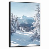LEINWAND Bilder mit Rahmen - Winterlandschaft - Natur - Berge - Bäume - Schnee - 50x70 - Hellblau, Textil (50/70cm) - MuchoWow
