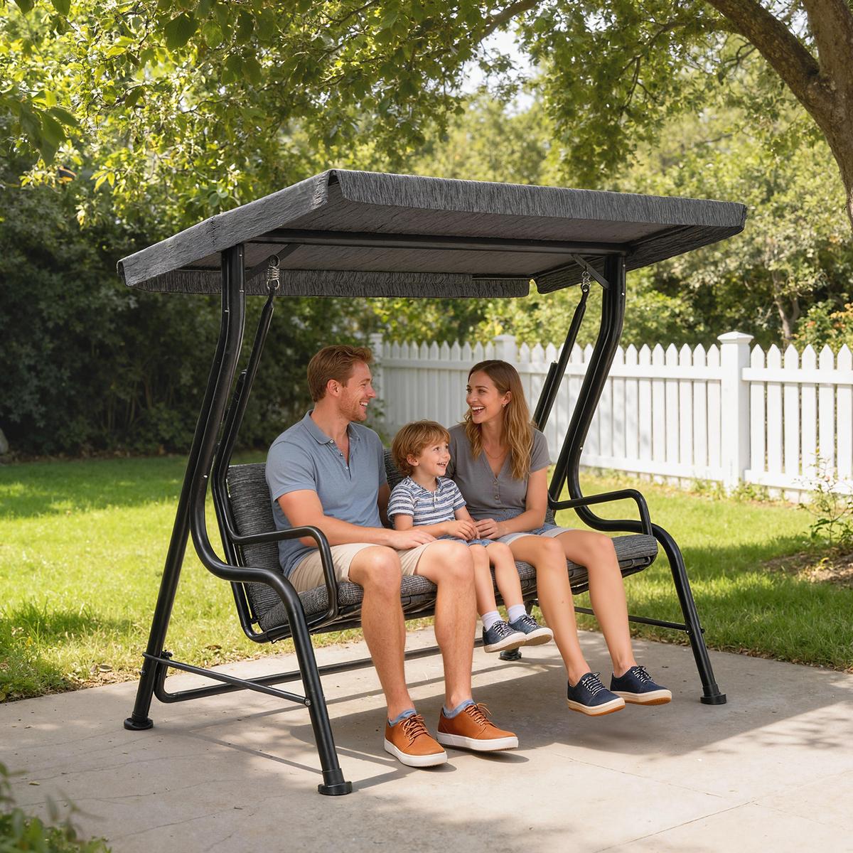 HOLLYWOODSCHAUKEL, Verstellbares Sonnendach, Texteline, Grau, 200 x 120 x 170 cm - Schwarz, Metall (120/170/200cm) - Outsunny