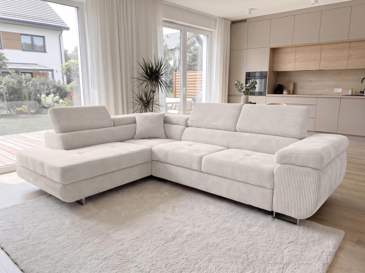 ECKSOFA L Form Konak Cremeweiß 276/201/90 cm Links mit Schlaffunktion - Silberfarben/Creme, Textil/Metall (203/276cm) - AX Living