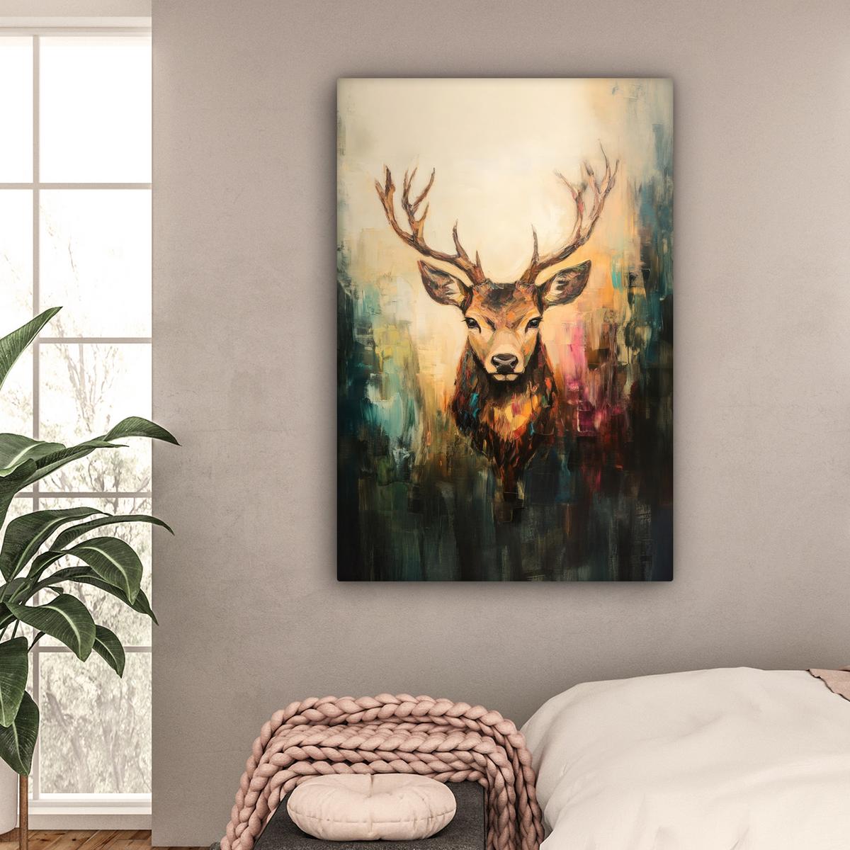 LEINWANDBILD Hirsch - Gemalt - Geweih - Braun Deko XXL 80x120 cm - Haselnussfarben, Textil (80/120cm) - MuchoWow