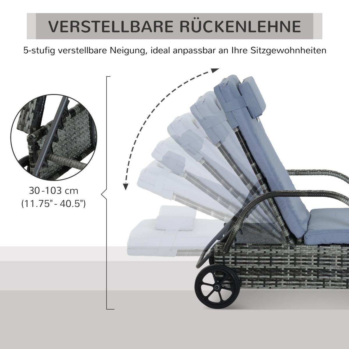 SONNENLIEGE, Polyrattan+Metall, Grau - Multicolor, Kunststoff (73/103/200cm) - Outsunny