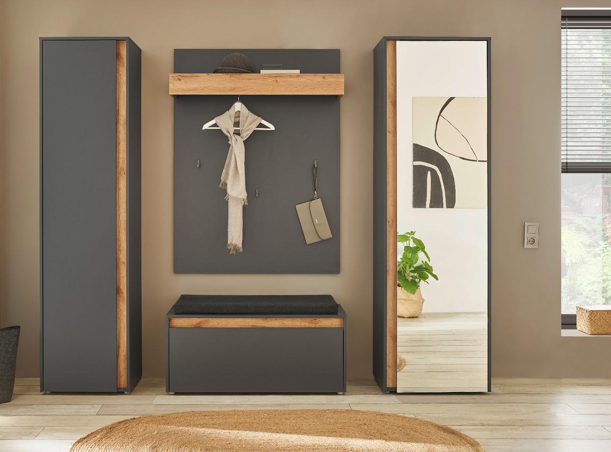GARDEROBEN-SET grau matt, Eiche Wotan 2-teilig 180 cm, Kombination mit viel Stauraum - Eiche Wotan/Schwarz, Holzwerkstoff/Kunststoff (180/195/40cm) - Furn.Design