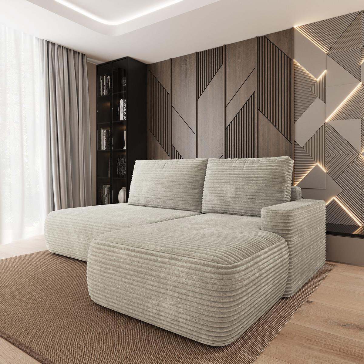 ECKSOFA AVINI T R-S Hellgrau Kordstoff mit Schlaffunktion - Hellgrau, Holzwerkstoff/Textil (277/160cm) - MASSENO