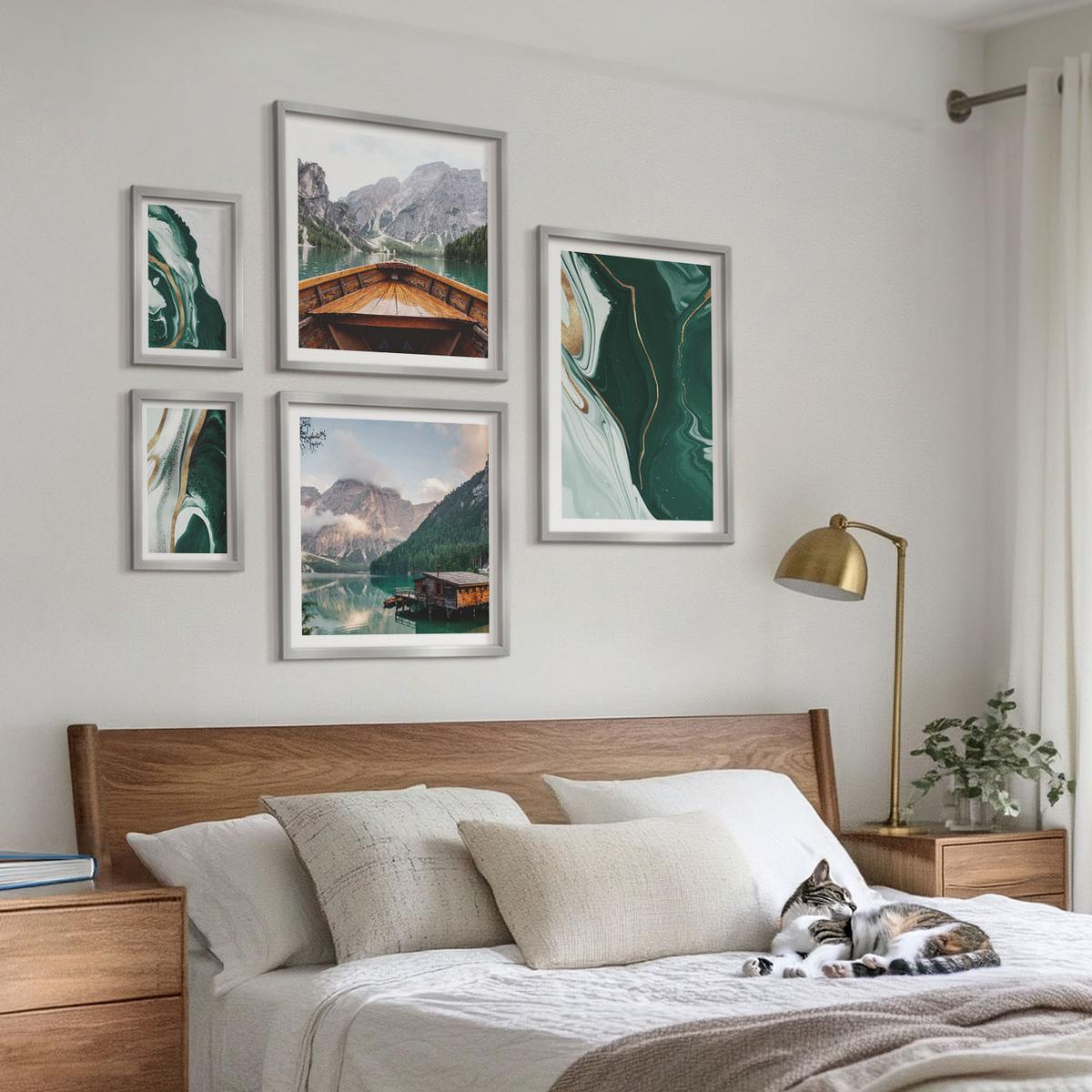 BILDER SET 5er Set - 50x50 cm & 20x30 cm & 40x60 cm Silberner Rahmen - Abstrakte Muster von Sukkulentenblättern - Silberfarben, Kunststoff (40/60cm) - TULUP