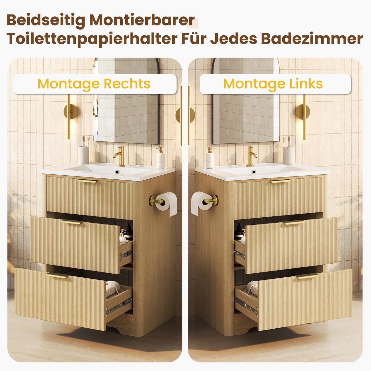 WASCHTISCHUNTERSCHRANK Holzoptik mit 2 Schubladen & Papierhalter - Naturfarben, Holzwerkstoff (61/82/47cm) - Urban Meuble