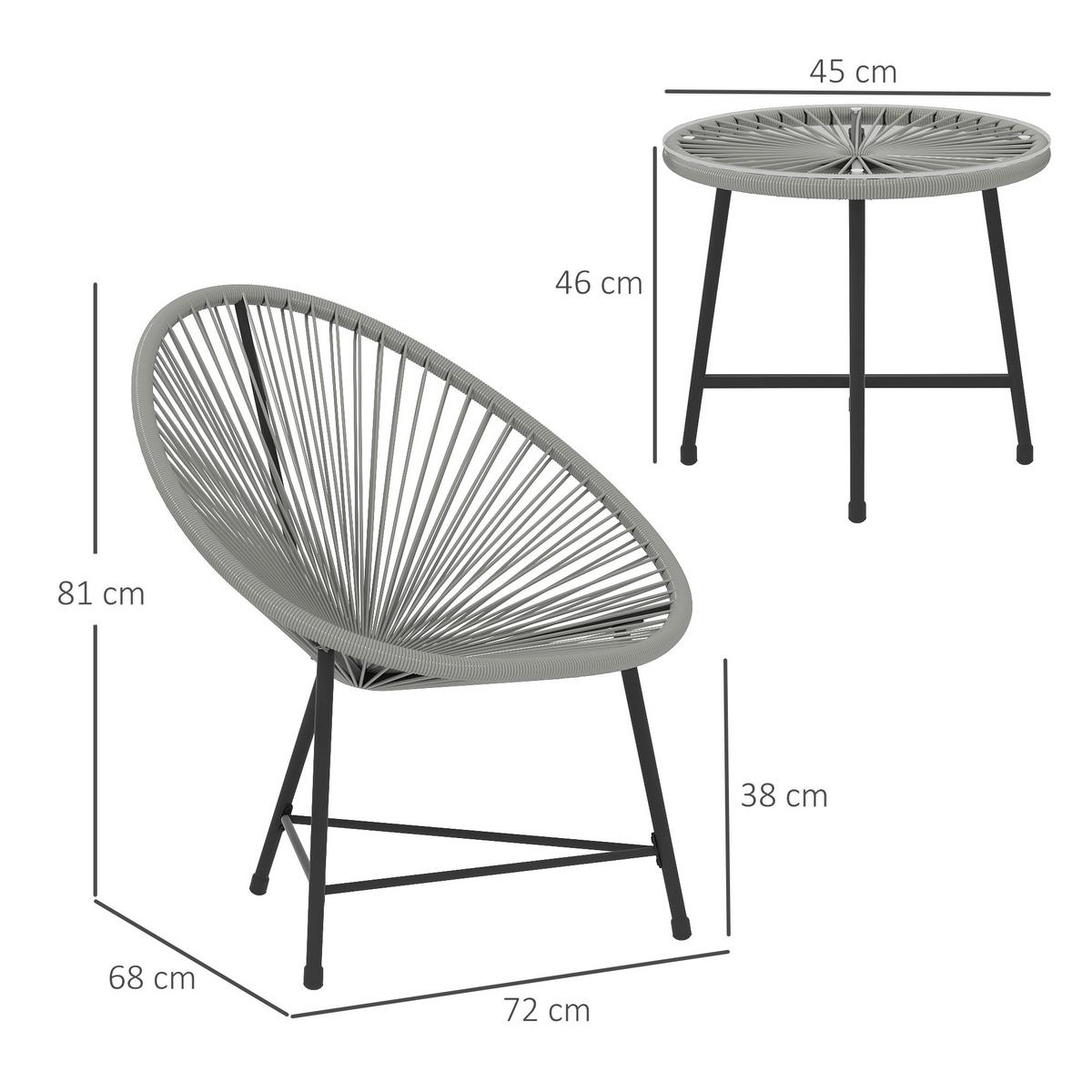 GARTENSET 3 TLG. Tisch mit Glasplatte Hellgrau - Schwarz/Grau, Kunststoff/Metall - Outsunny
