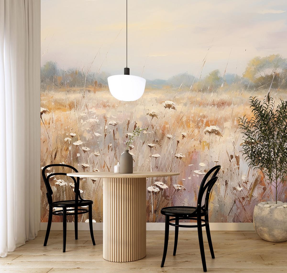 FOTOTAPETE für Esszimmer Wiese Pflanzen Retro Stil 300x210 - Gelb/Beige, Papier (300/210cm) - Muralo