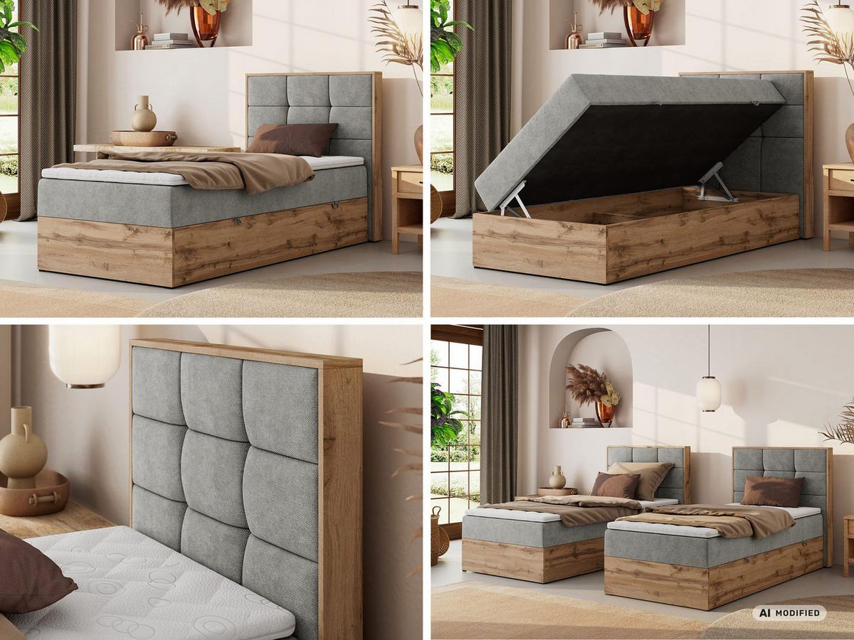 BOXBETT ALBERO 1 90/200 - Hellgrau Stukture - Topper T25 - H3 - Rechts - Silberfarben/Hellgrau, Kunststoff/Textil (90/200cm) - MKS