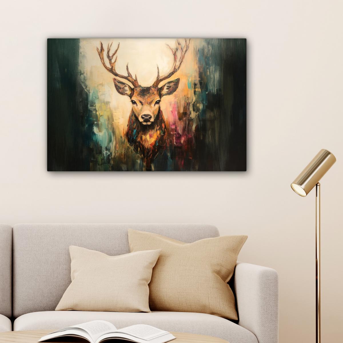 LEINWANDBILD Hirsch - Gemalt - Geweih - Braun Wanddeko 90x60 cm - Haselnussfarben, Textil (90/60cm) - MuchoWow