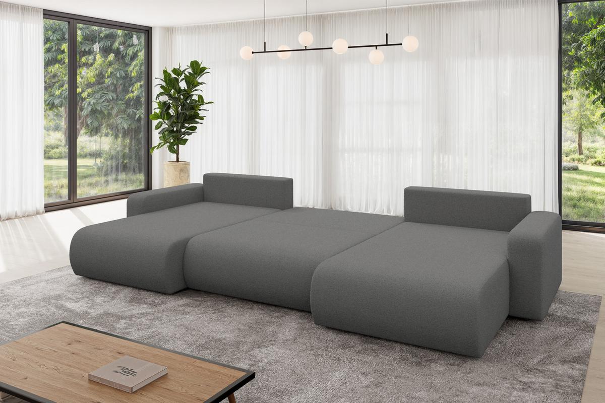 WOHNLANDSCHAFT mit Schlaffunktion und Bettkasten BERY-U 377x193x88 Grau Bouclé - Schieferfarben/Schwarz, Holzwerkstoff/Kunststoff (377/88/193cm) - ALTDECOR