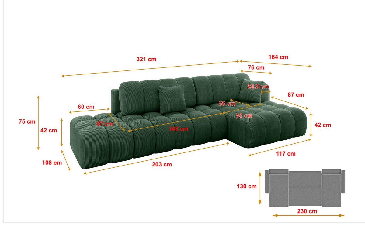 ECKSOFA mit Schlaffunktion Ottomane RECHTS OLEA-L2 321x164x75 Grün Cord - Salbeigrün/Schwarz, Holzwerkstoff/Kunststoff (164/321cm) - ALTDECOR