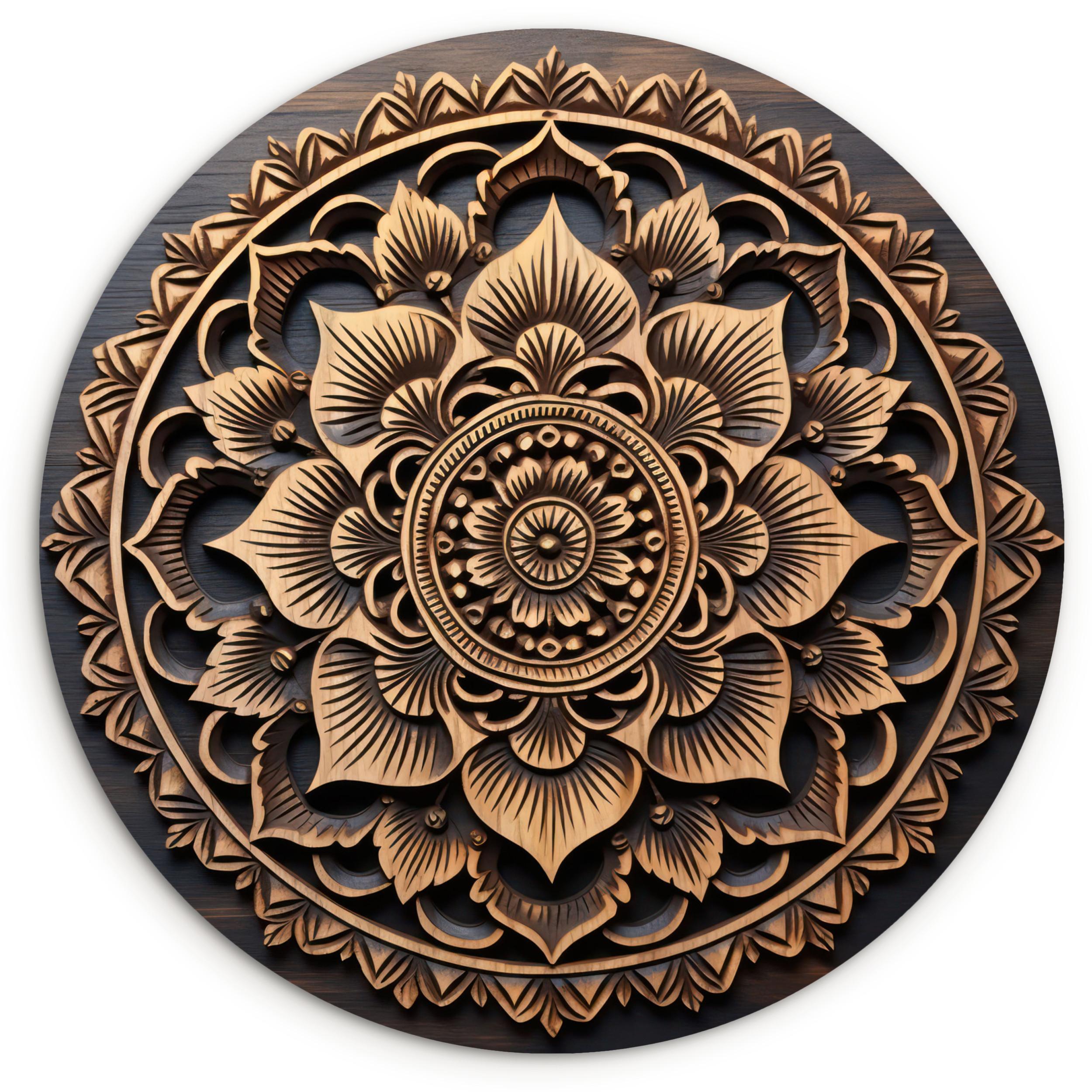 WANDBILD Mandala - Holz - Blumen - Braun Deko Groß 150x150 cm - Gelb, Kunststoff (150/150cm) - MuchoWow