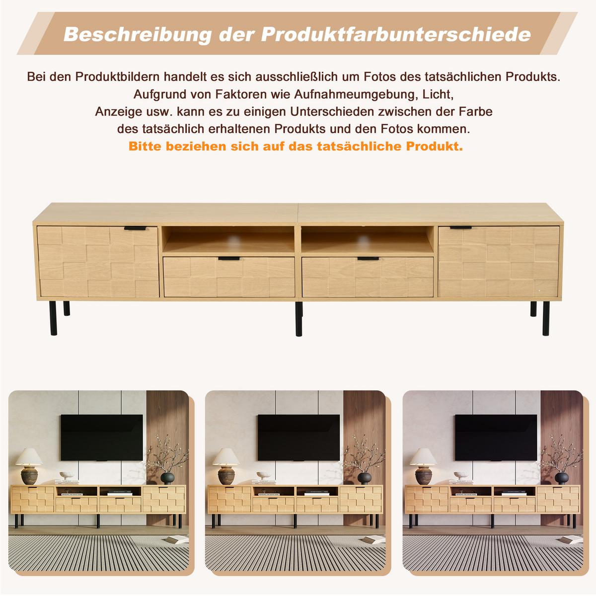 LOWBOARD Naturholzoptik 200cm für 80 Zoll TV, 3D-Dekor, 2 Türen & 2 Schubladen - Naturfarben, Holzwerkstoff (200/44.5/35cm) - Urban Meuble