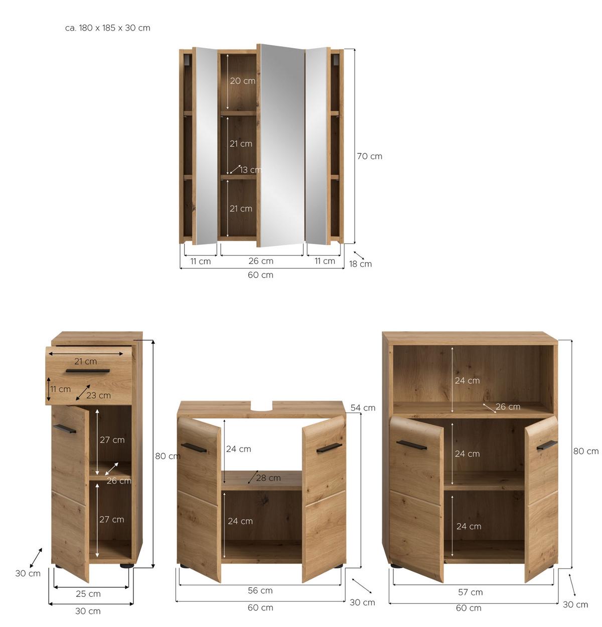 BADMÖBEL-SET 4-teilig in Eiche Artisan, Badezimmer Schrank-Set 180 x 185 cm - Schwarz/Eiche Artisan, Glas/Holzwerkstoff (180/185/30cm) - Inn.Furn