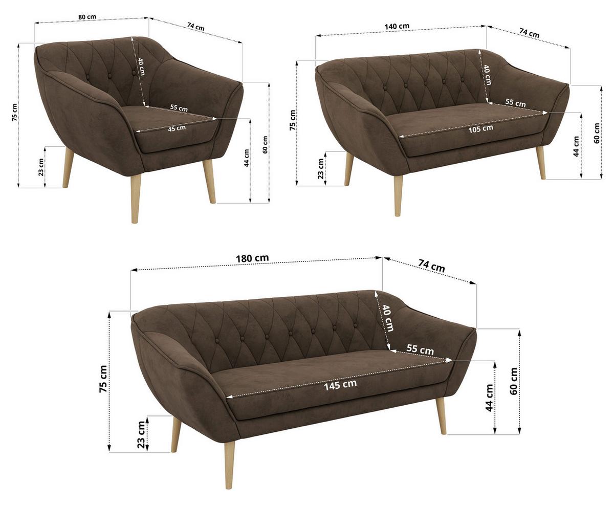SITZGARNITUR PIRS 3+2+1 - Braun Velvet - Holzbeine - Dunkelbraun/Buchefarben, Holzwerkstoff/Textil (180/75/74cm) - MKS