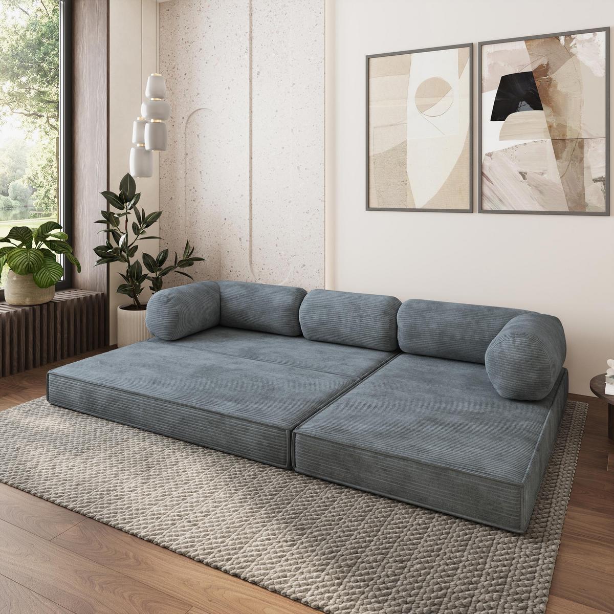 ECKSOFA ETERA modulares Boneless Sofa mit Schlaffunktion Grau Kordstoff - Grau, Textil (270/160cm) - MASSENO