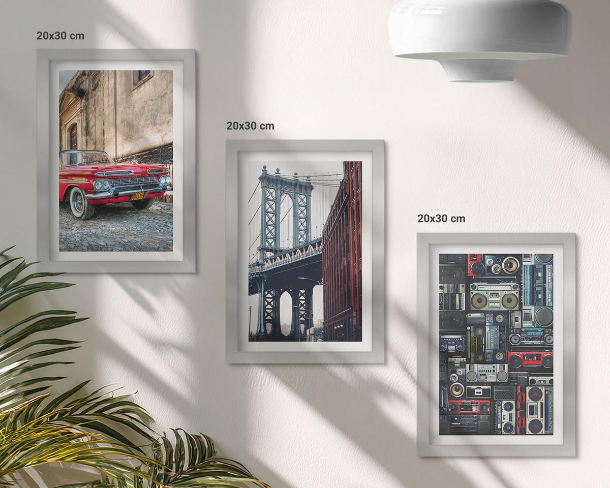 BILDER SET 3er Set - 20x30 cm Silberner Rahmen - Alte Autobrücke Brooklyn Retro-Audio - Silberfarben, Kunststoff (20/30cm) - TULUP