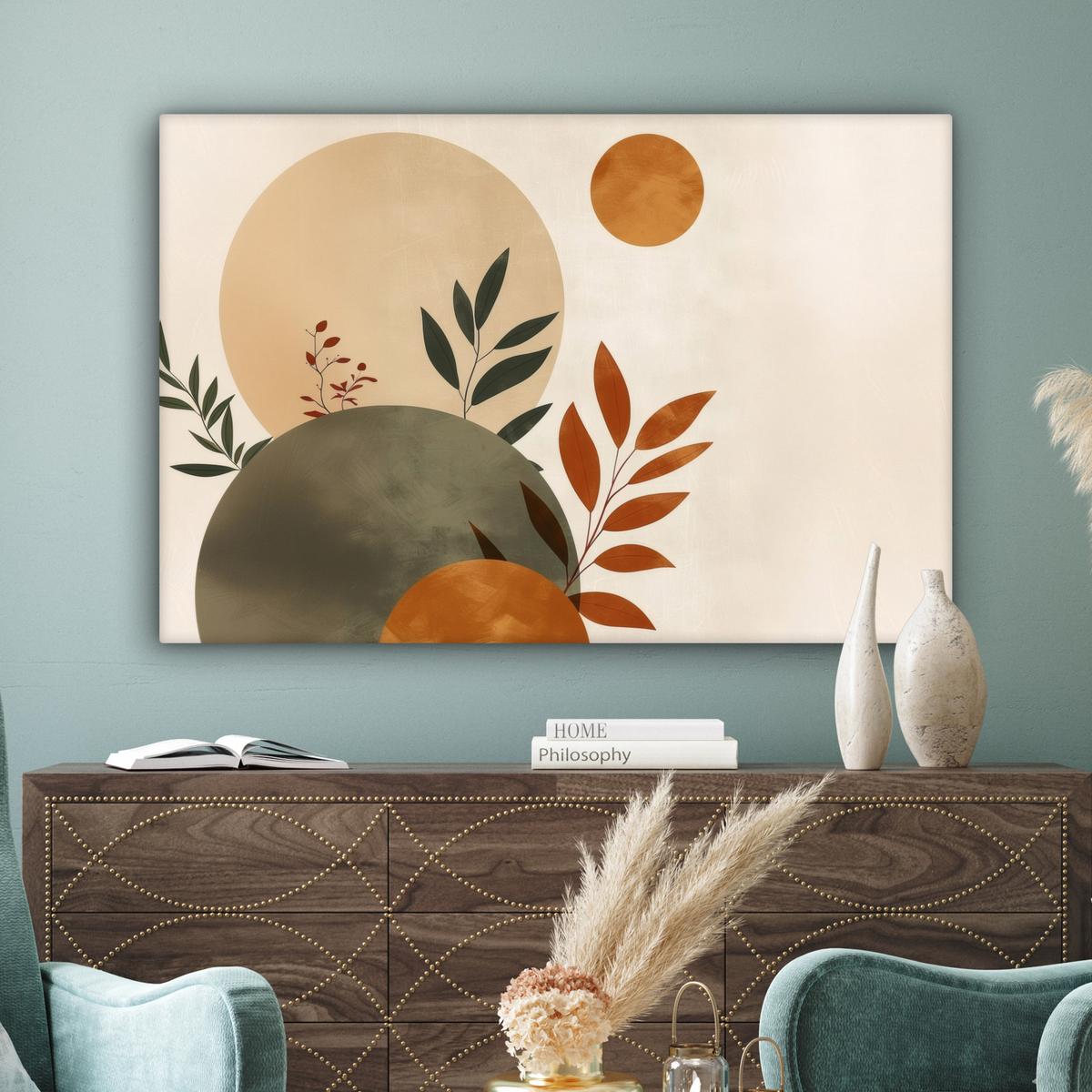 LEINWANDBILD Formen - Rund - Blätter - Beige Groß 140x90 cm - Rostfarben, Textil (140/90cm) - MuchoWow