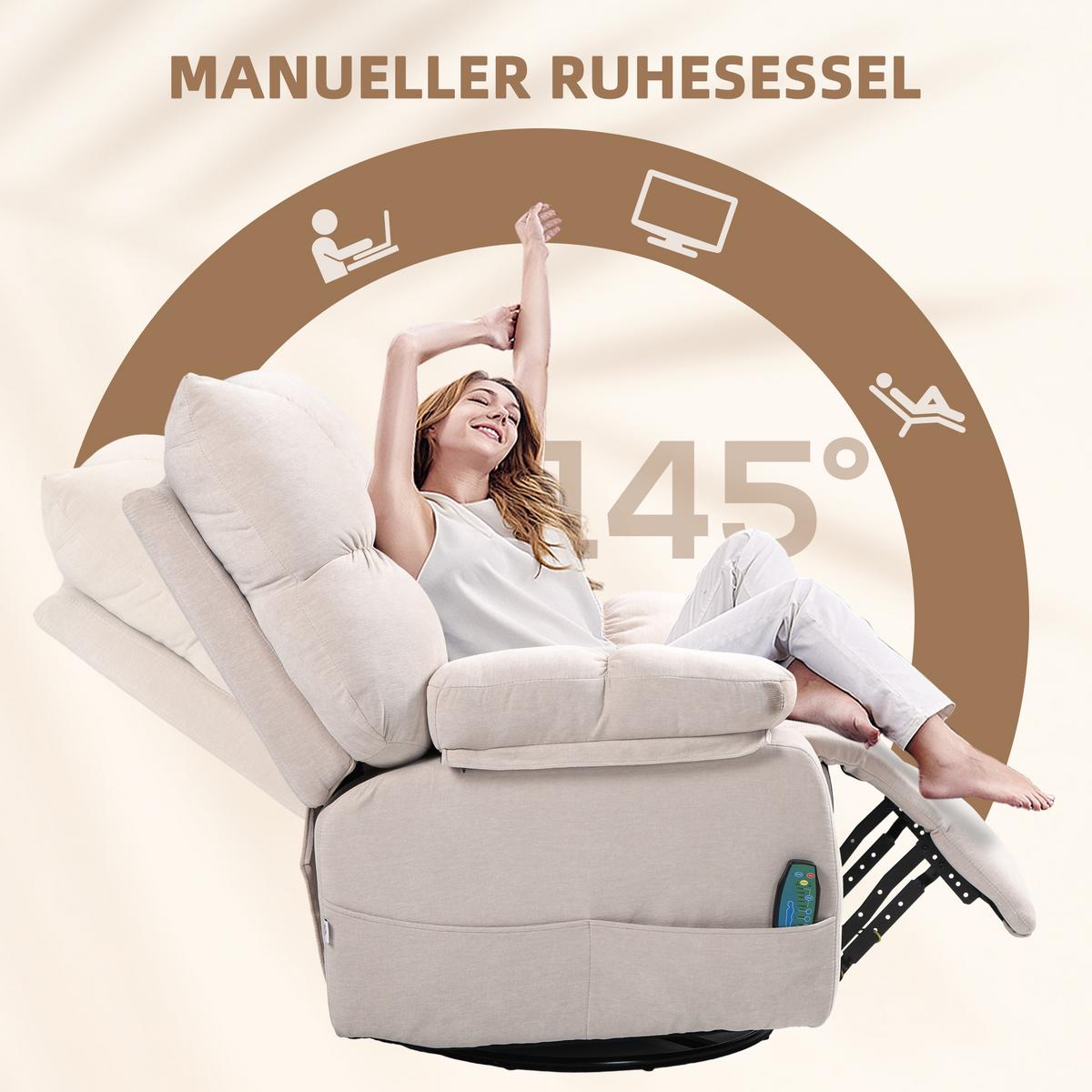 RELAXSESSEL mit Massagefunktion, Elektrisch Fernsehsessel mit Wärmfunktion - Beige/Schwarz, Textil/Metall (90/98/98cm) - HOMCOM
