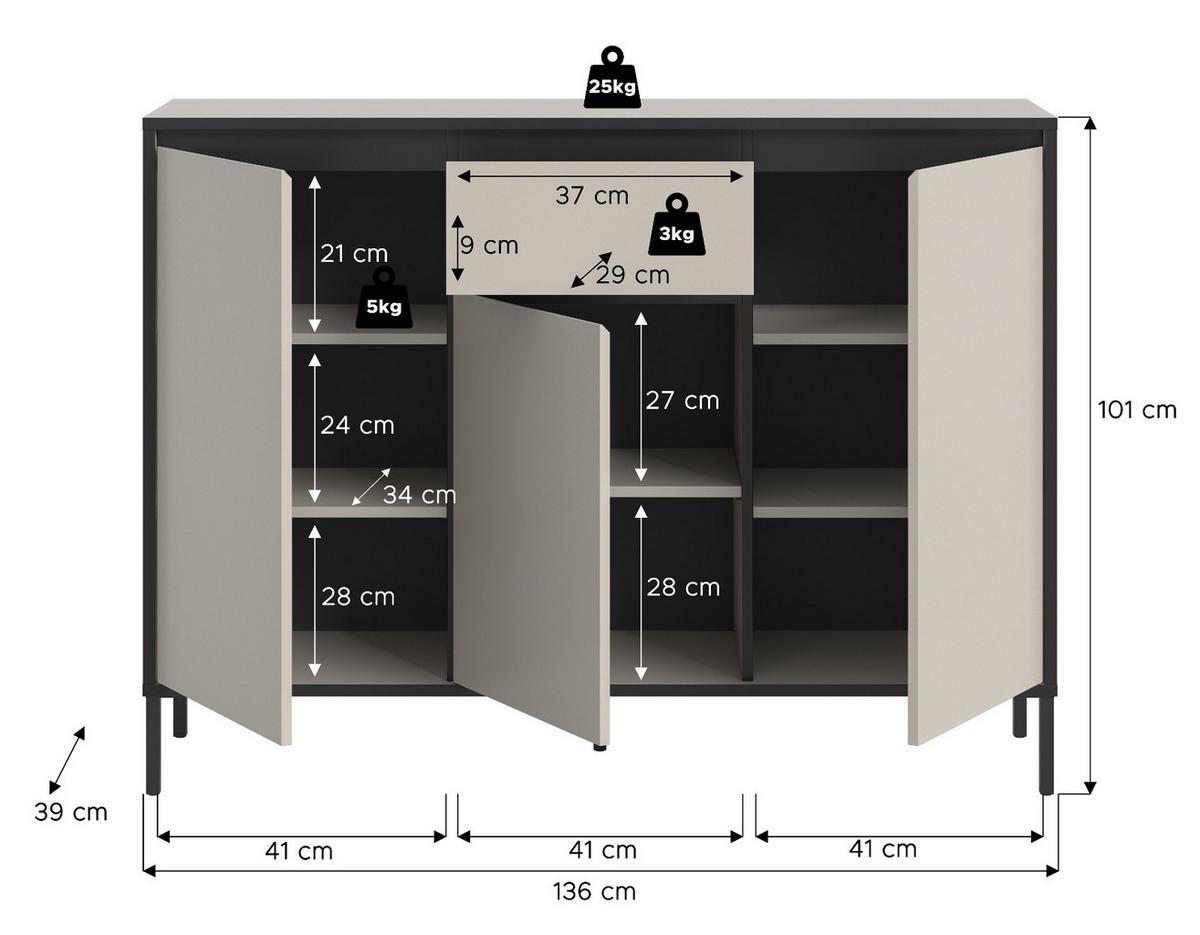 SIDEBOARD Kaschmir / Sand mit Schwarz, hohe Kommode 3-türig 136 x 101 cm, mit viel Stauraum - Sandfarben/Kaschmir, Holzwerkstoff/Metall (136/101/38cm) - Inn.Furn