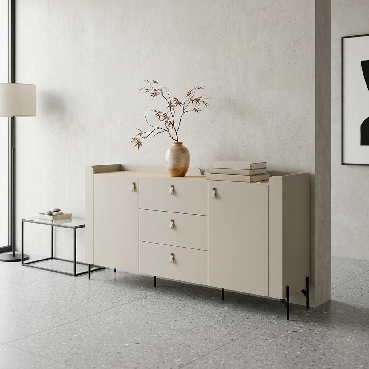 KOMMODE Sorella mit 2 Türen und 3 Schubladen, 180 cm, für Jugendzimmer, Macadamia + Eiche Mavelie - Eichefarben/Beige, Leder/Holzwerkstoff (180/95/42cm) - Beautysofa