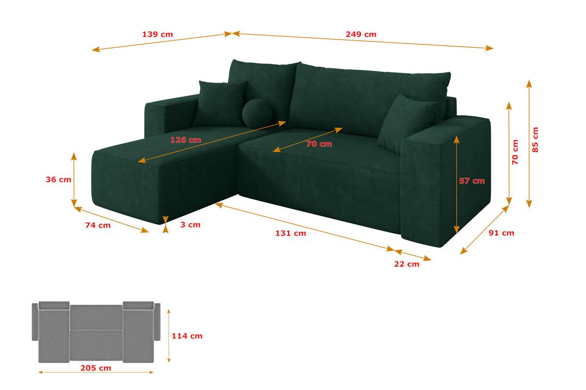 ECKSOFA mit Schlaffunktion Ottomane Links SENO-L 249x139x85 Grün Velours - Schwarz/Grün, Holzwerkstoff/Kunststoff (249/139cm) - ALTDECOR