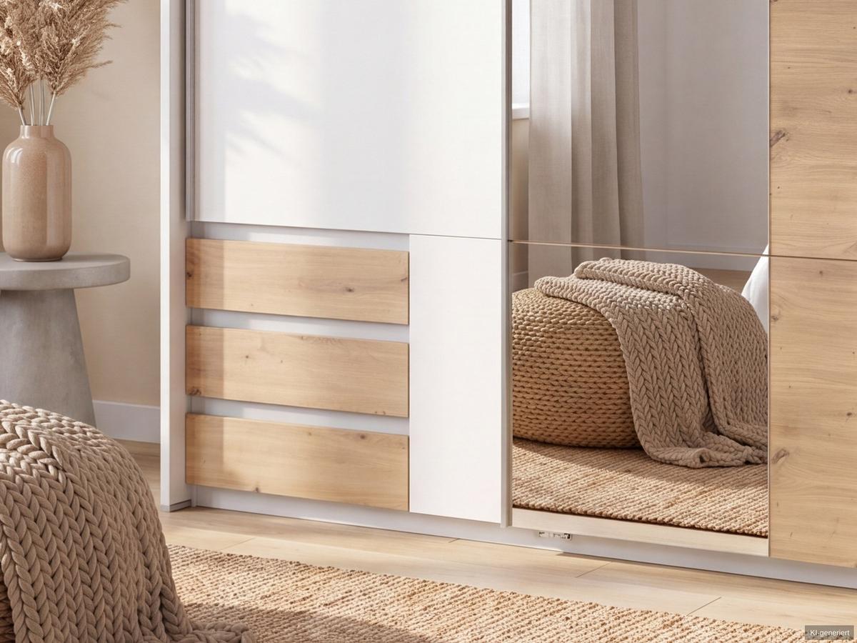 SCHWEBETÜRENSCHRANK 2-türig B138/H200/T65 cm, Passepartout-Kleiderschrank in Weiß mit Spiegel, 1x Tür & Schubkästen in Eiche Artisan Dekor / 22683 - Eichefarben/Alufarben, Holz/Holzwerkstoff (138/200/65cm) - luma-home