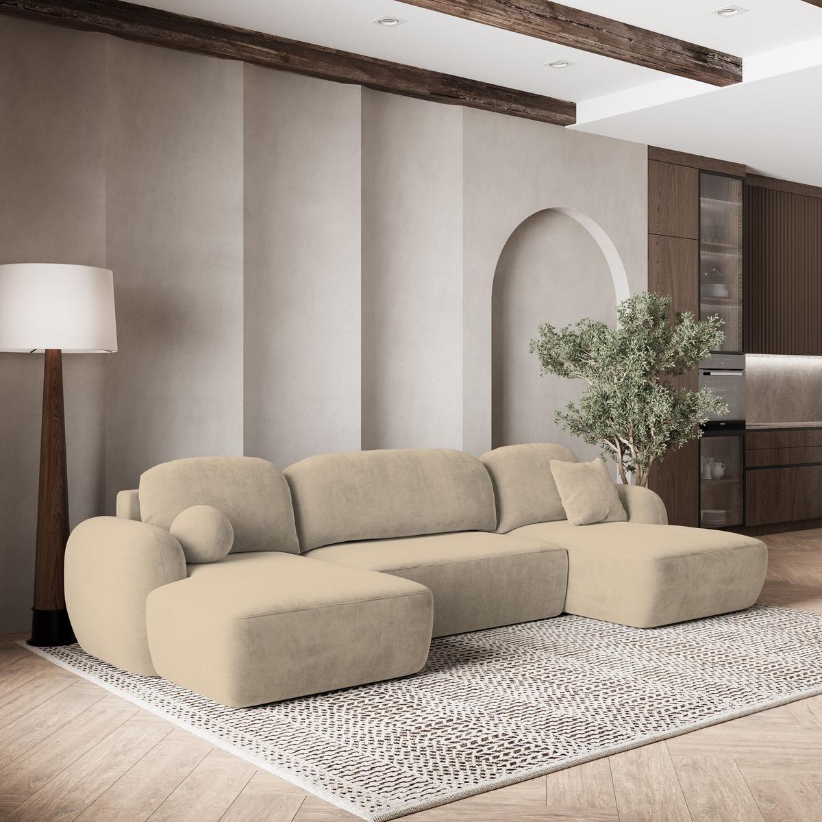 WOHNLANDSCHAFT SAVONA K Beige Plüsch-Stoff mit Schlaffunktion - Beige/Schwarz, Holz/Kunststoff (320/90/148cm) - MASSENO