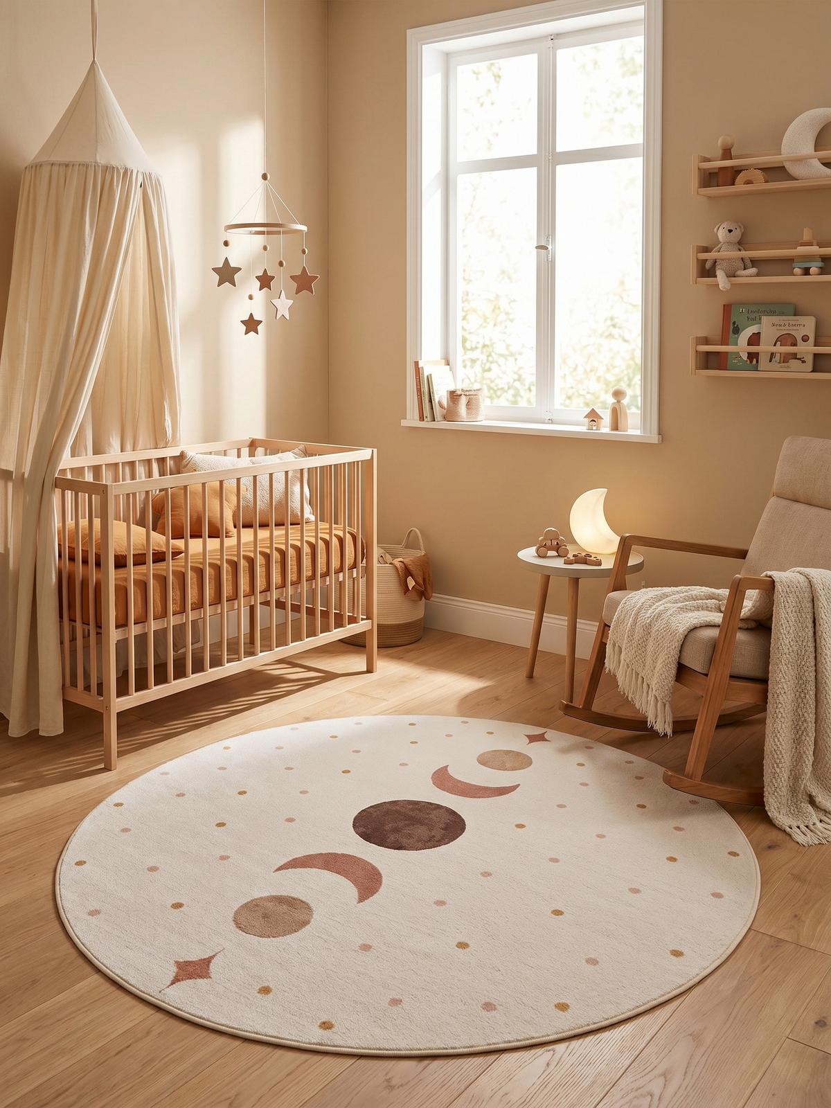 TEPPICH Kurzflor Waschbar TINO in Creme, mit Mondphasen-Motiv, Ø 160 cm - Beige, Textil (160/160cm) - KADIMA DESIGN