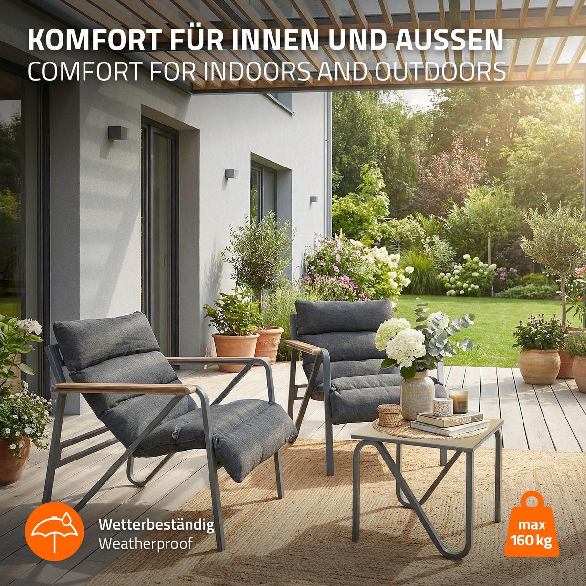GARTENMÖBEL Set 3 tlg Anthrazit-Grau mit Stahlgestell - Anthrazit/Braun, Textil/Metall - ML-DESIGN