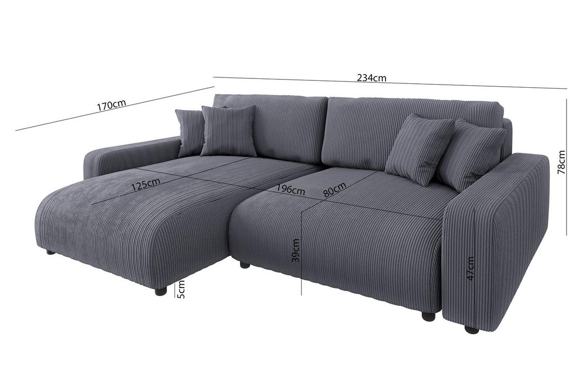 ECKSOFA Emma Grau Cord - Ottomane links - Grau, Textil (234/170cm) - S-Style Möbel