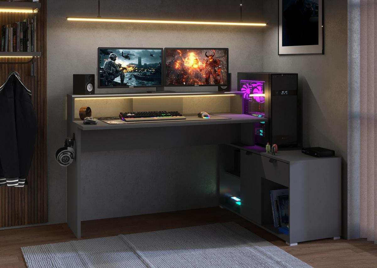 GAMINGTISCH schwarz, grau 229 cm, Gamer Winkelschreibtisch inkl. LED mit Farbwechsel - Schwarz/Grau, Holzwerkstoff/Kunststoff (60/229/95cm) - Parisot Meuble