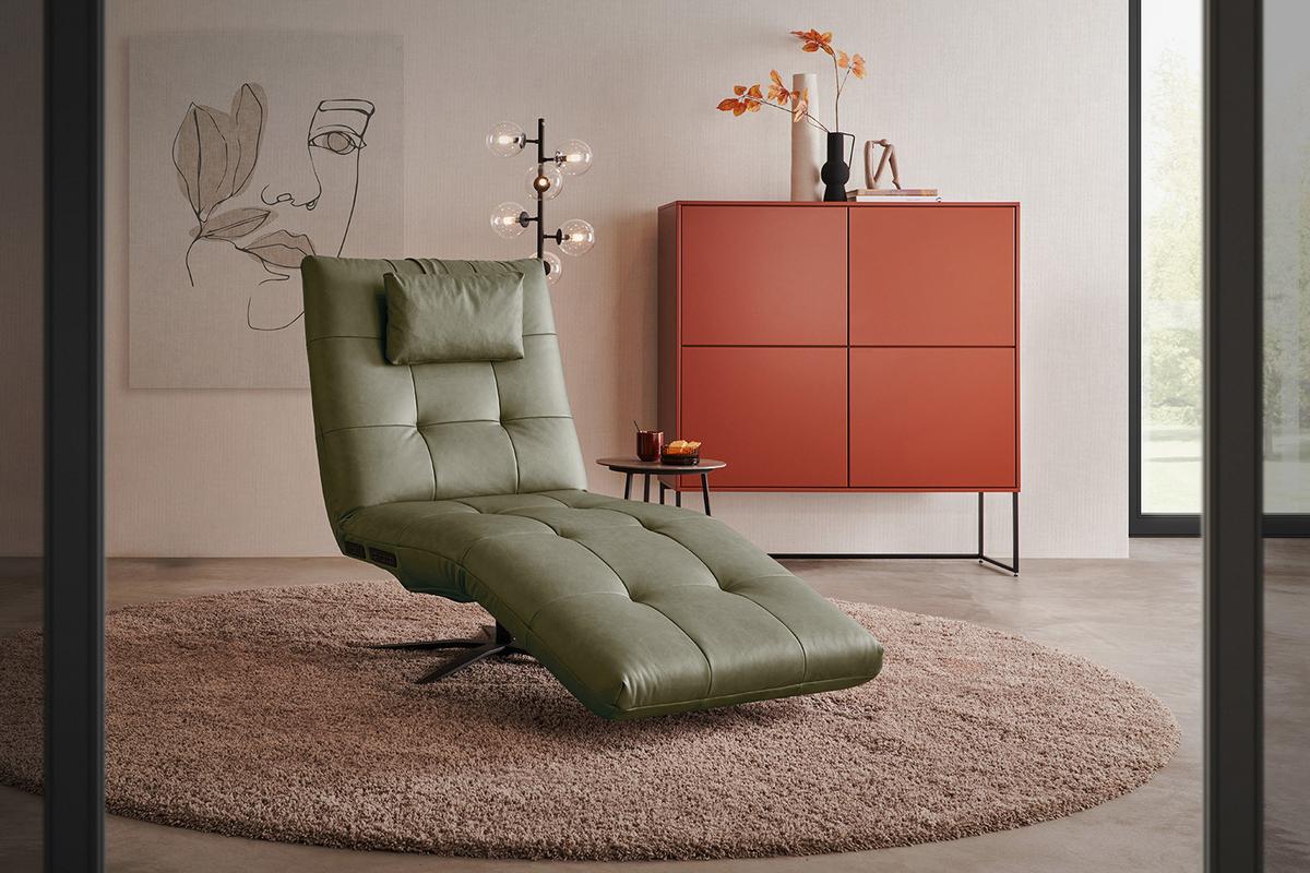 RELAXLIEGE LETICIA Grün Leder Drehbar (360°), Relaxfunktion - Schwarz/Olivgrün, Leder/Metall (82/115/156cm) - KAWOLA
