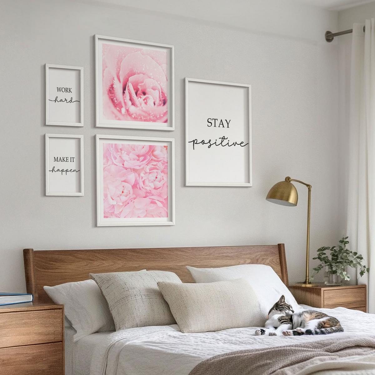 BILDER SET 5er Set - 50x50 cm & 20x30 cm & 40x60 cm Weißer Rahmen - Minimalistische rosa Blüten - Weiß, Kunststoff (40/60cm) - TULUP