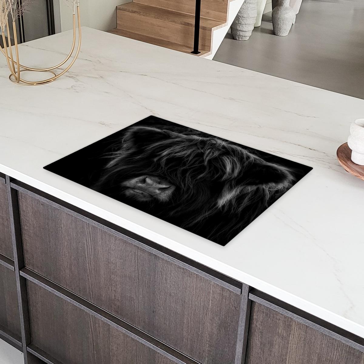 HERDABDECKPLATTE Schottischer Highlander - Kuh - Schwarz - Weiß - Tiere Herdabdeckung Induktionsfeld 75x52 cm - Schwarz, Kunststoff (75/52/0.2cm) - MuchoWow