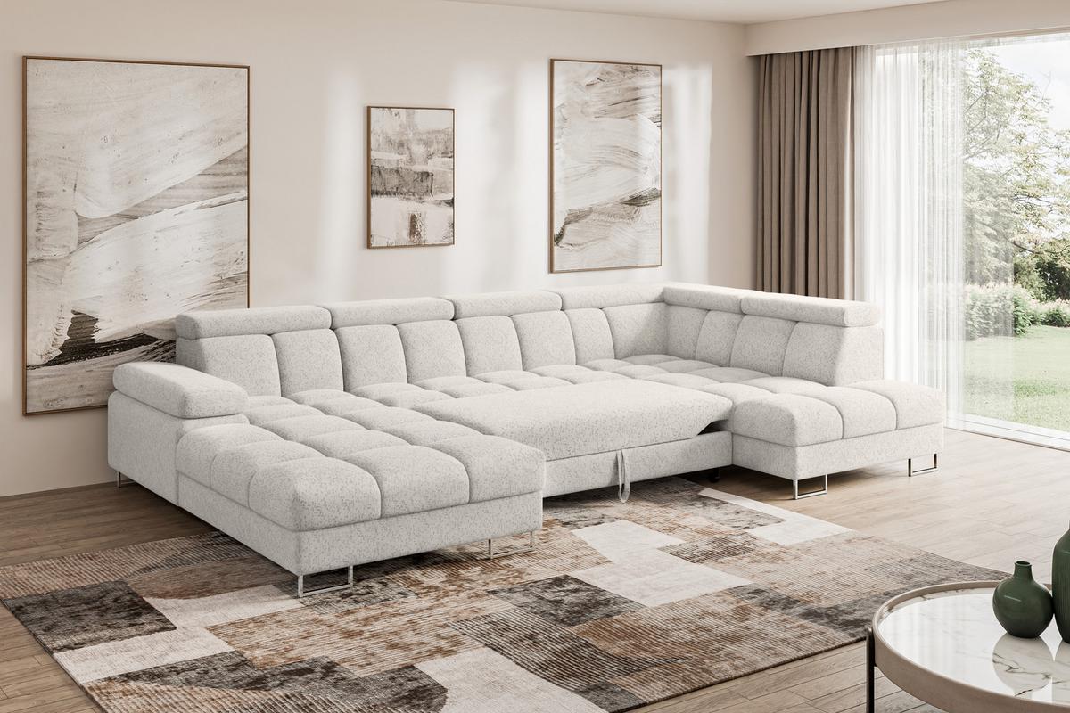WOHNLANDSCHAFT mit Schlaffunktion und Bettkasten Ottomane RECHTS COMA U 345x203x79 Hellgrau Velours - Hellgrau, Holzwerkstoff/Textil (203/79/345cm) - ALTDECOR