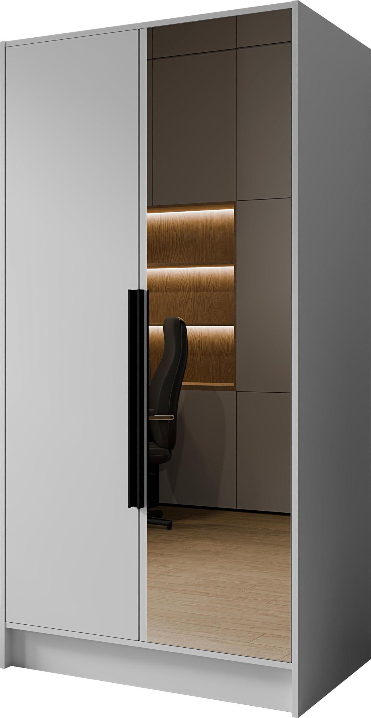 KLEIDERSCHRANK Mono Lux mit Speigel, Drehtüren mit Schwarze Metallgriffe, Weiß 102/200/51 cm - Schwarz/Weiß, Holzwerkstoff (102/200/51cm) - WFL GROUP