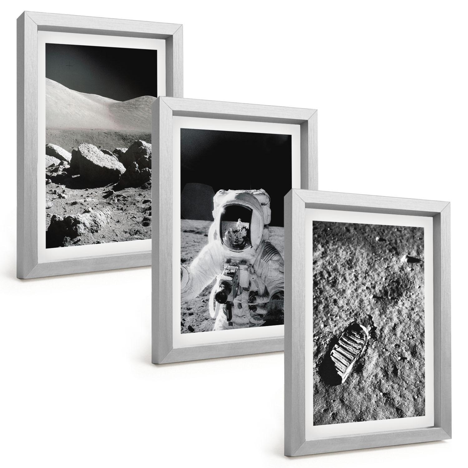 BILDER SET 3er Set - 20x30 cm Silberner Rahmen - NASA-Fotos vom Mond Astronaut - Silberfarben, Kunststoff (20/30cm) - TULUP