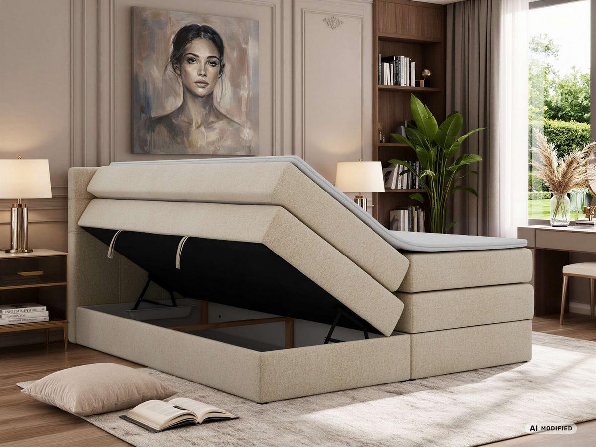 BOXSPRINGBETT SOLVEN KING 140/200 - Beige Stukture - Topper Visco - H4 - Beige/Schwarz, Kunststoff/Textil (140/200cm) - MKS