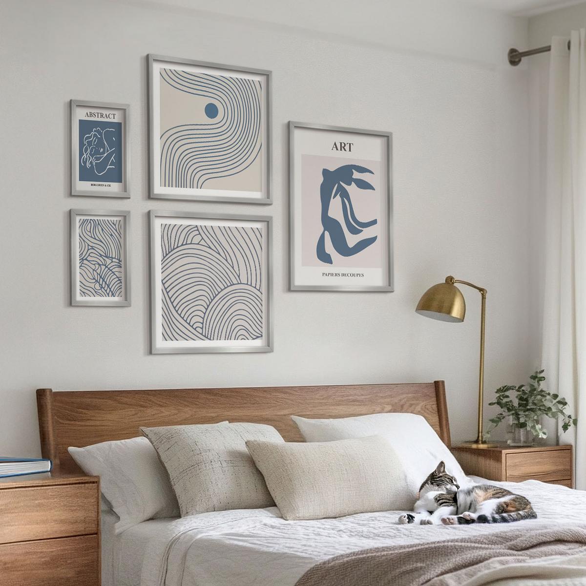 BILDER SET 5er Set - 50x50 cm & 20x30 cm & 40x60 cm Silberner Rahmen - Abstrakte blaue Linien - Silberfarben, Kunststoff (40/60cm) - TULUP